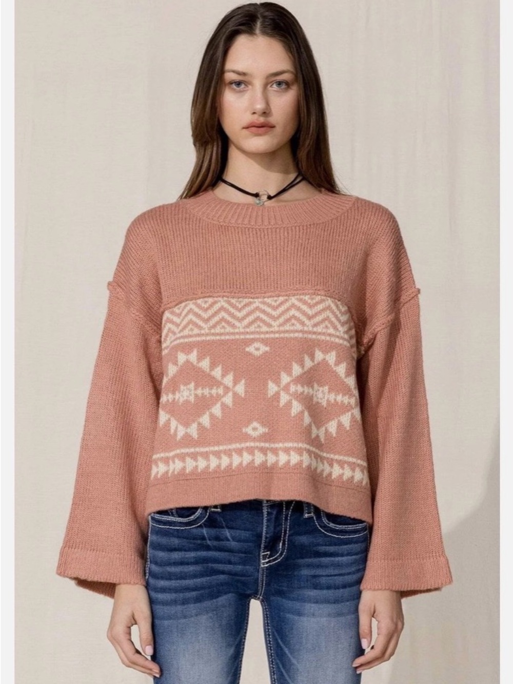 Miss Me Aztec Printed Sweater Medium Brick Red Orange and Cream EUC